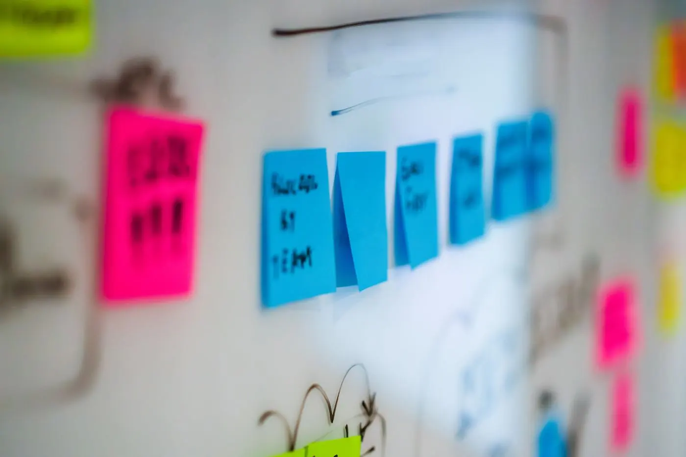 Colourful sticky notes on a whiteboard during a planning session