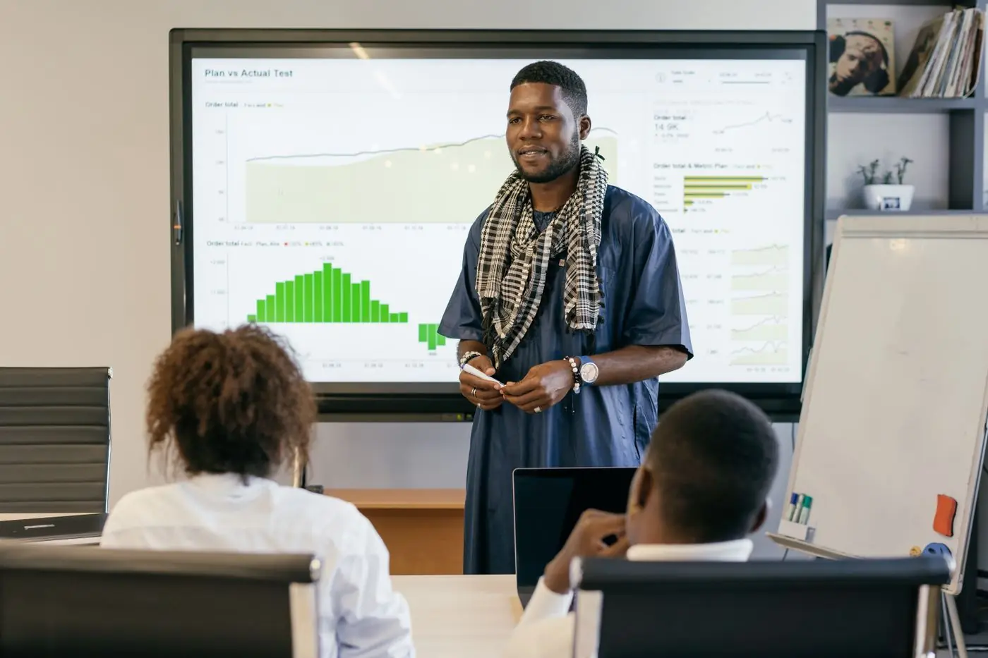 A presenter walking a team through market data
